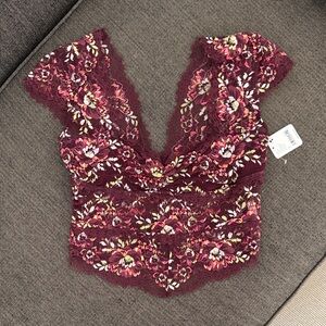 Free People Floral Lace Crop Top in Burgundy with Pink and Cream Accents